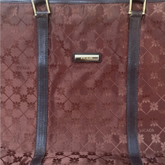 Vintage Escada Tote Bag Purse Canvas Leather Trim Brown Embossed Daisy Flower - Picture 3 of 10